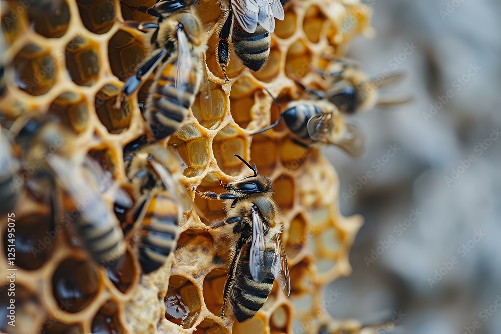Poster honey bees working on golden honeycomb cells in macro view, showing natural beekeeping process and c