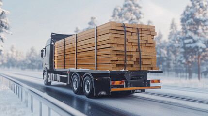 Truck hauling lumber through a snowy landscape, construction materials, winter transport, logistics & delivery services.