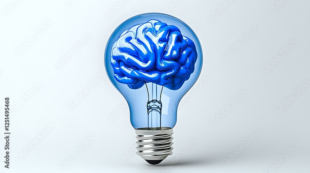 Poster glowing light bulb with blue brain inside on white background, creative concept for innovation, idea