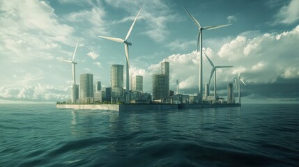 A city is floating on the water with windmills in the background