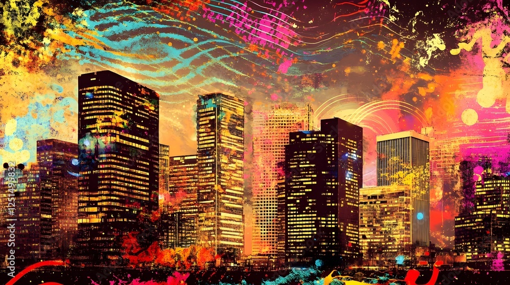 Poster dazzling cityscape of illuminated skyscrapers and vibrant fireworks display in a futuristic metropol