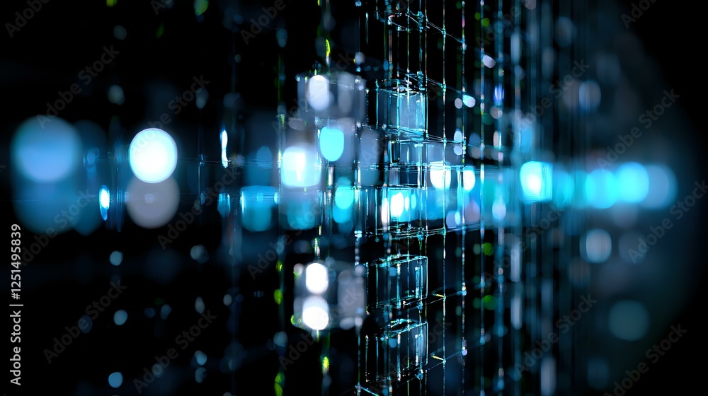 Poster futuristic digital network visualization with glowing blue bokeh lights and circuit patterns on dark