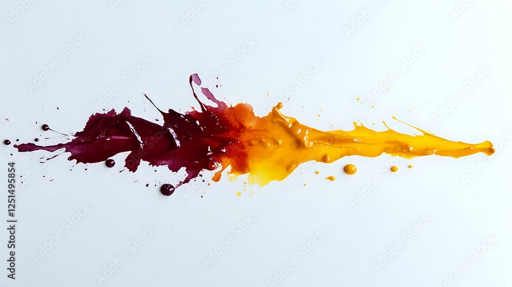 Poster dynamic splash of burgundy and orange liquid paint colliding with dramatic droplets and splatter eff