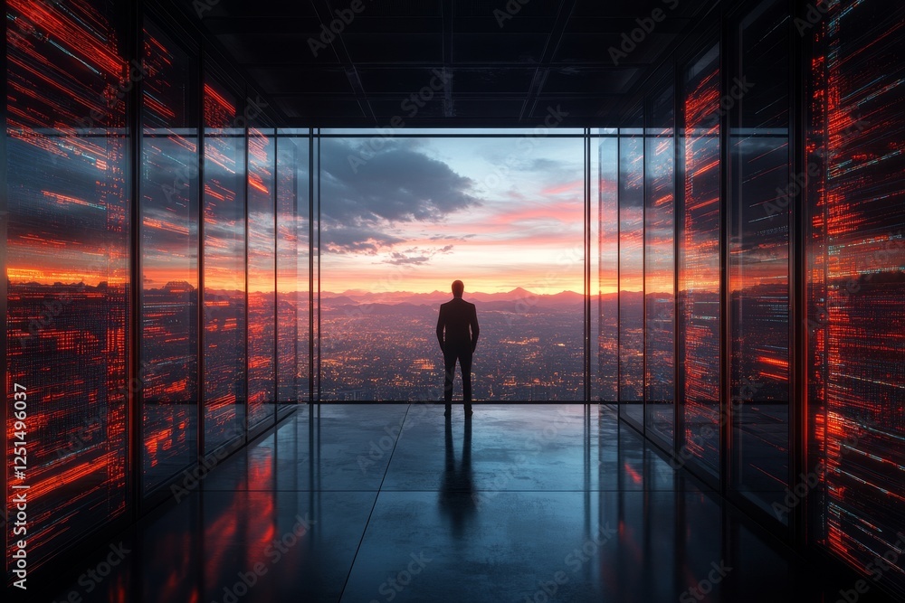Poster view of a lone figure contemplating an urban skyline at sunset with digital visualizations in a mode