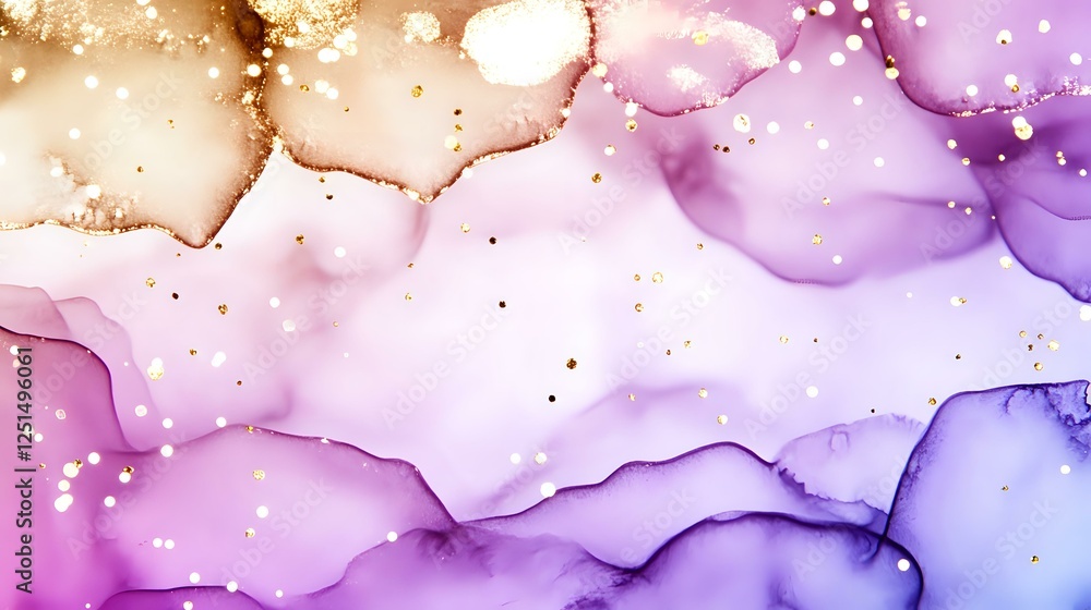 Poster Dreamy watercolor background in purple and gold with flowing ink texture and delicate splatter effect creates ethereal abstract art pattern.