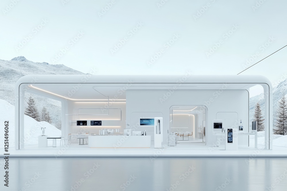 Poster futuristic architecture of a minimalist building in a snowy mountain landscape showcasing innovative