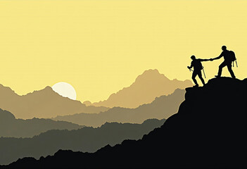Hikers Helping Each Other Climb Mountain at Sunset Silhouette View