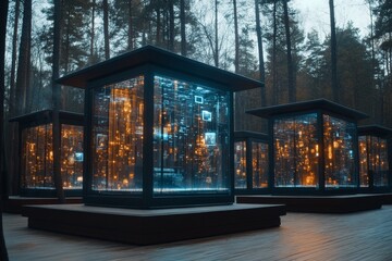 Light-filled structures create a futuristic art installation in a forest during early evening hours