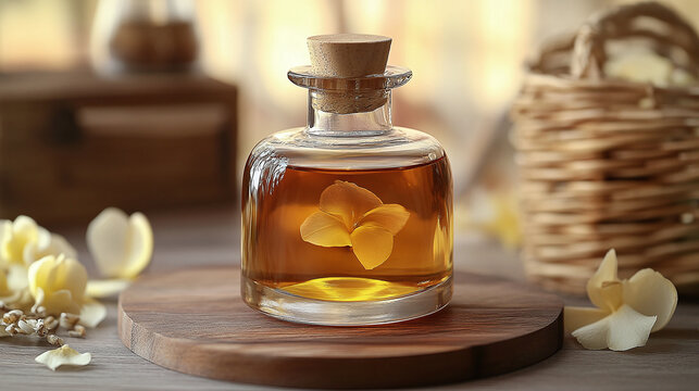 Essential Oil with Floral Infusion: Aromatic elixir in glass bottle with cork stopper, embodying natural beauty and tranquility for aromatherapy.