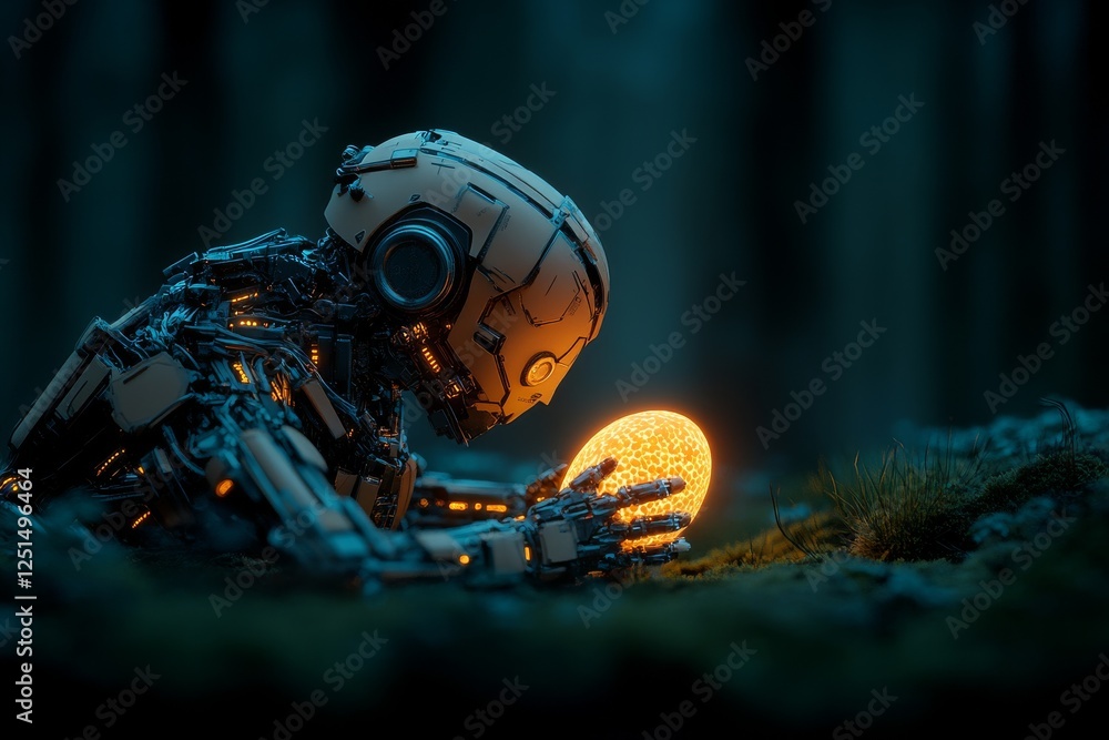 Poster robot contemplates glowing orb in a mystical forest during twilight hours