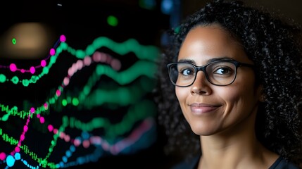Young African American businesswoman with curly hair and glasses smiling confidently against colorful data visualization background showing market trends and analytics.