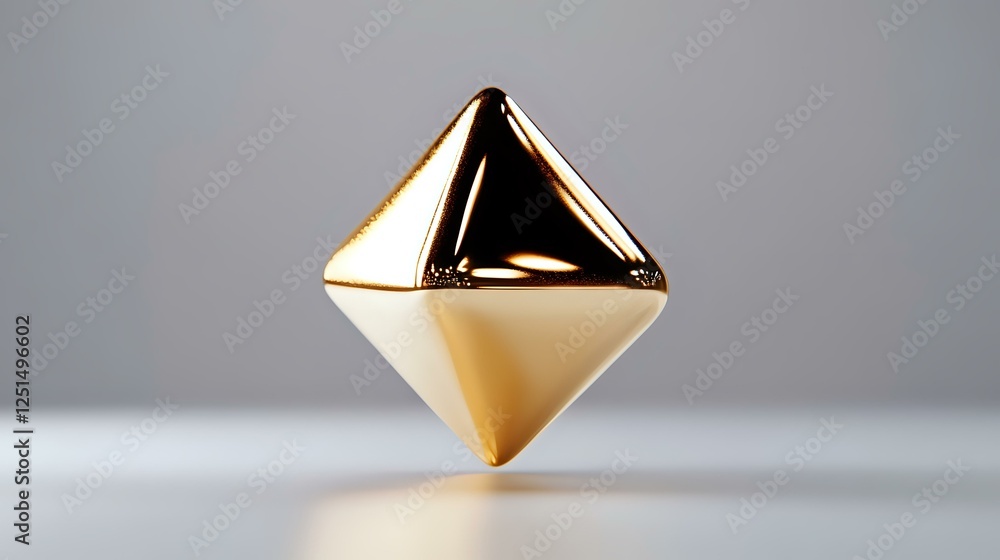 Poster metallic gold octahedron shape floating on light background with soft shadows, minimalist geometric 
