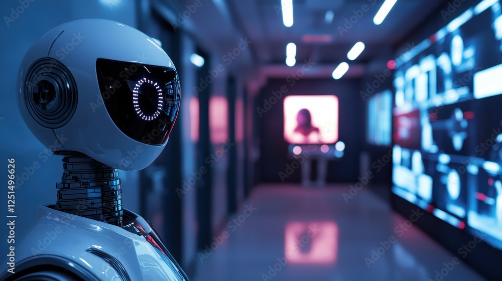 Poster a robotic figure is positioned in a sleek, futuristic corridor illuminated with blue and red lights.