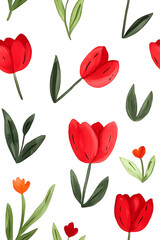 Obraz premium Watercolor seamless pattern of cute minimalistic tulips. Red and green colors isolated on white backdrop