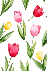 Fototapeta premium Watercolor seamless pattern of cute minimalistic tulips. Red and green colors isolated on white backdrop