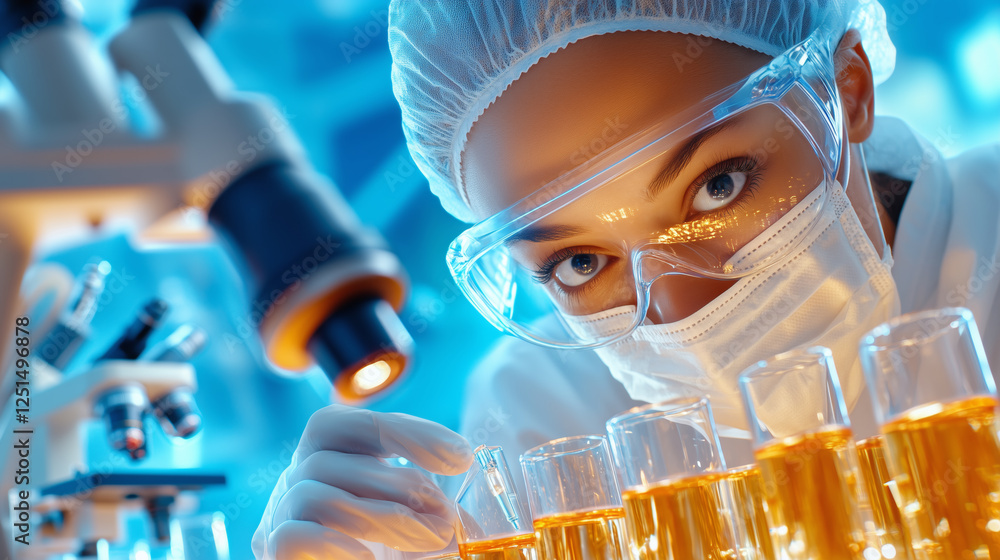 Poster a focused scientist in safety gear examines test tubes filled with liquid while using a microscope. 