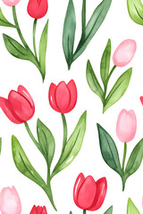 Obraz premium Watercolor seamless pattern of cute minimalistic tulips. Red and green colors isolated on white backdrop