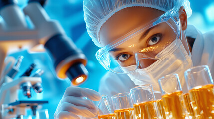 A focused scientist in safety gear examines test tubes filled with liquid while using a microscope. The laboratory setting is well-equipped with advanced technology and bright lighting