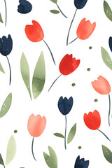 Watercolor seamless pattern of cute minimalistic tulips. Red and green colors isolated on white backdrop
