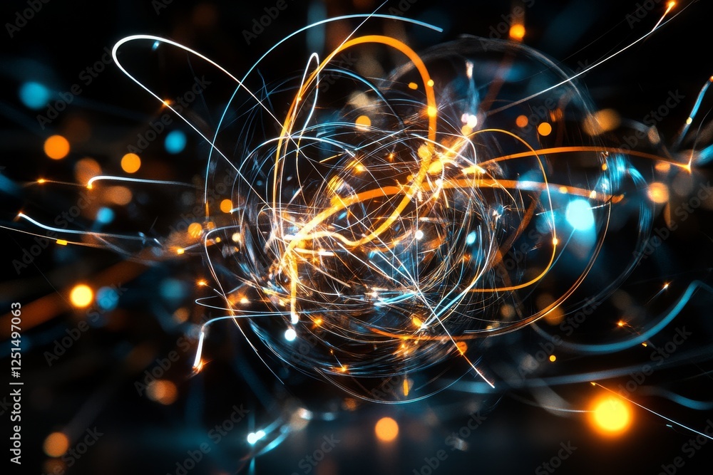 Poster swirling lines and glowing orbs create a dynamic abstract composition with vibrant colors and illumi