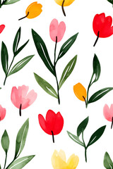 Obraz premium Watercolor seamless pattern of cute minimalistic tulips. Red and green colors isolated on white backdrop