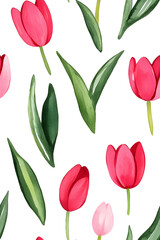 Obraz premium Watercolor seamless pattern of cute minimalistic tulips. Red and green colors isolated on white backdrop