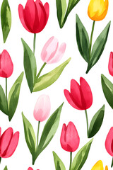 Obraz premium Watercolor seamless pattern of cute minimalistic tulips. Red and green colors isolated on white backdrop