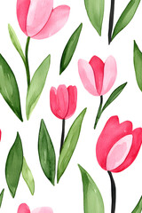 Obraz premium Watercolor seamless pattern of cute minimalistic tulips. Red and green colors isolated on white backdrop
