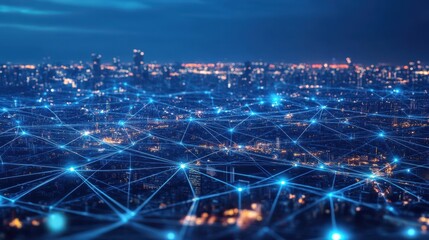 A cityscape with a network of blue lines connecting the buildings