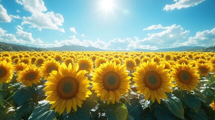 Obraz premium Sunny Sunflower Field with Mountains in Background