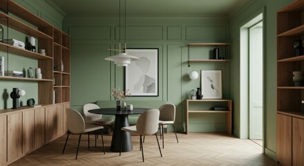 Mid-century modern dining room, sage green walls, wooden credenza, built-in shelving, round dining table, upholstered chairs, pendant light, minimalist artwork, hardwood floors, cozy interior design, 