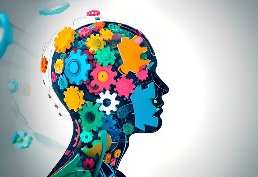 A striking visual combines a human silhouette with vibrant gears and cogs inside the head, representing creativity, thought processes, and the blend of technology and human intellect.