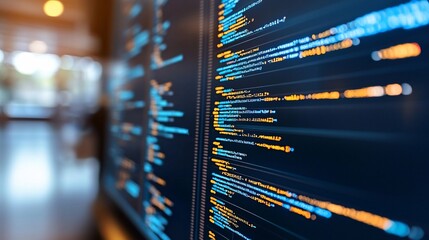 Naklejka premium Office code screen, programming, project, background blur, software development