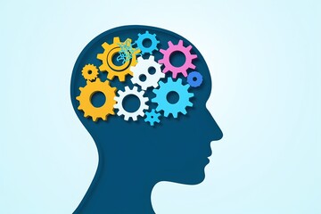 Creative representation of the human brain using colorful gears and cogs to symbolize thinking and innovation in digital art