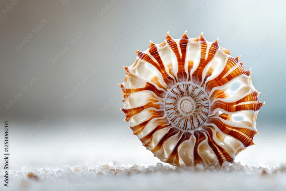 Poster beautifully detailed nautilus shell rests on sandy surface with soft light illuminating its intricat