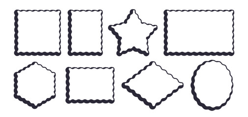Frames Scalloped Vector Corrugated Shapes Set. Scallop Color Frame Wavy Retro Stickers Collection. Zig Zag Edge Geometric Borders Tag Boxes. Wiggle Line Design Sign Backgrounds. Isolated