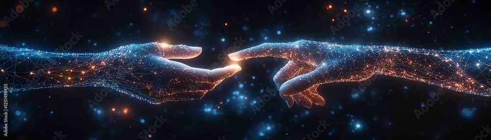Poster hands connecting neural network nodes, symbolizing ai connectivity and data processing, glowing path