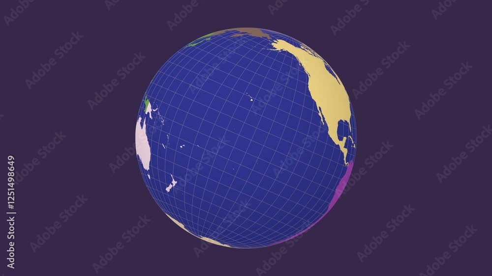Poster spinning planet. tilted sphere view. slow speed earth rotation. colored continents style. world map 