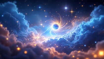 Fototapeta premium Celestial Orb Illuminating Starry Night Sky Through Ethereal Cloudscape