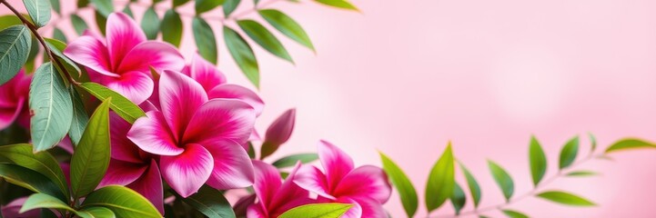 Pink plumeria flowers bloom with green leaves against a light pink background