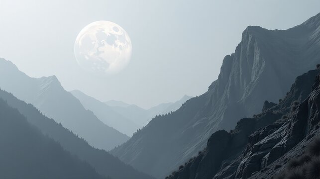 A serene landscape of misty mountains under an ethereal full moon.