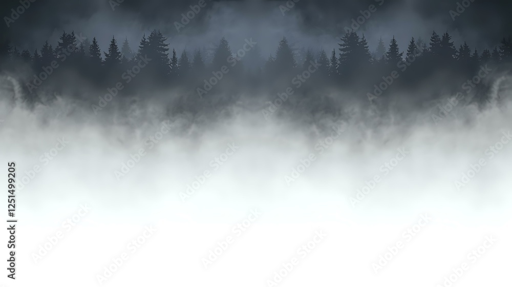 Poster atmospheric misty forest landscape with silhouettes of pine trees in dense fog creating moody myster