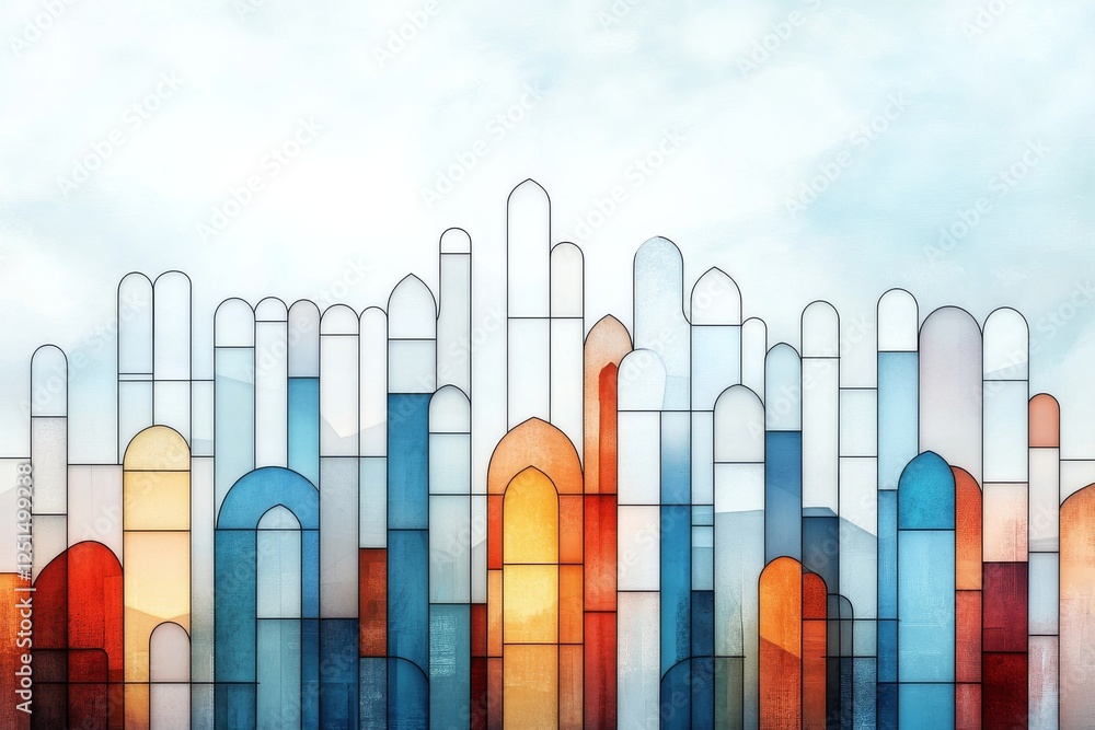 Poster vibrant abstract architecture with colorful shapes and patterns in a city skyline design