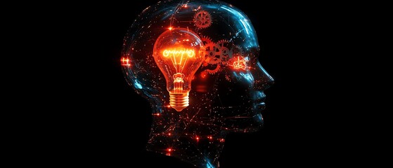 Naklejka premium Human head with gears and a glowing light bulb, symbolizing innovation and artificial intelligence, futuristic design, hightech aesthetic, vibrant glowing details