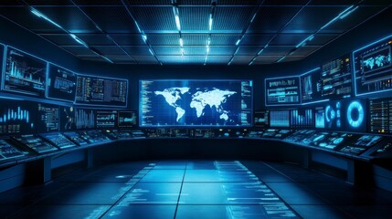 Futuristic blue digital technology background with a glowing global network and fiber optic light spots