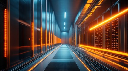 Obraz premium A long hallway with orange lights and rows of servers