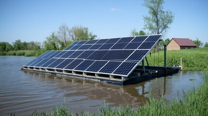 A solar panel is floating on a body of water