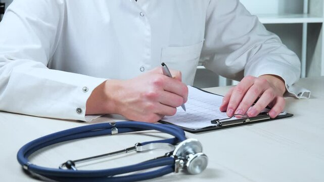 A young doctor describes a patient's medical history. Close-up. Slow motion.