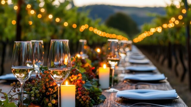 A table with wine glasses and candles on a vineyard