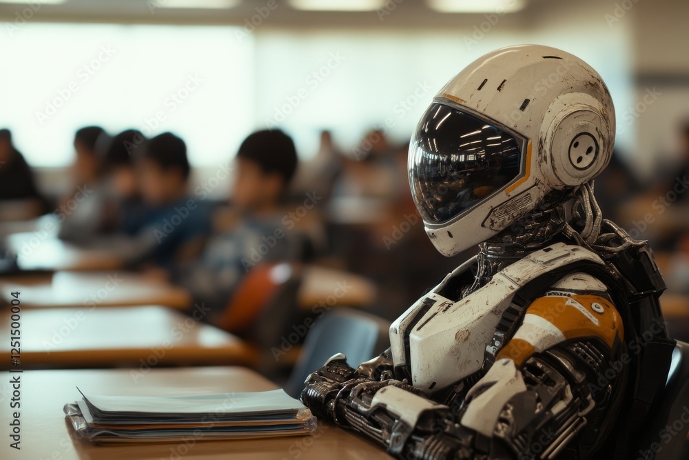 Poster robotics in education takes a futuristic turn with a humanoid robot sitting in a classroom during a 